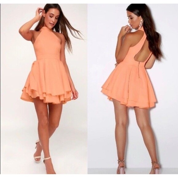Lulus Peach Backless Skater Dress | Small | High Neck Pearl Party Prom - Picture 1 of 11